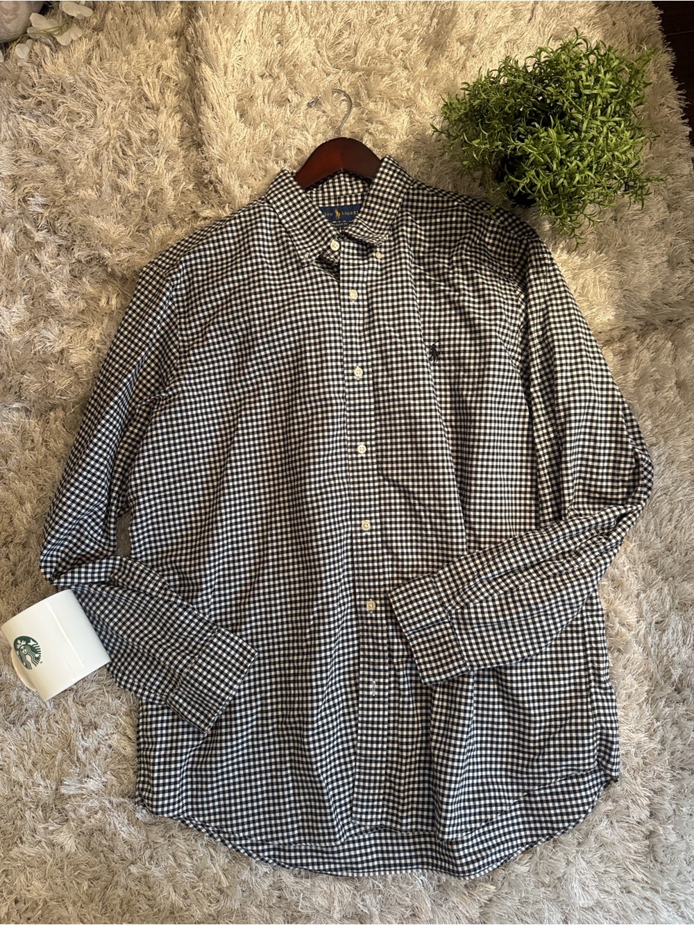 EUC Men's Ralph Lauren Classic Fit Black and White Checkered Button Up Shirt XL